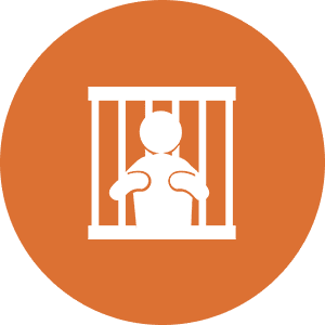 Icon of a person behind bars, depicted in white against an orange circular background.