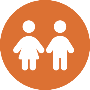 Two simplified white human silhouettes, one in a dress, standing side by side in an orange circle.