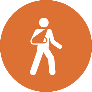 White stick figure with arm in a sling on an orange circular background.