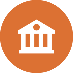 Icon of a white, classical-style building with columns on an orange circular background.