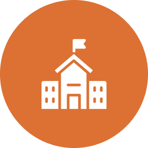Icon depicting a white school building with a flag on an orange circular background.